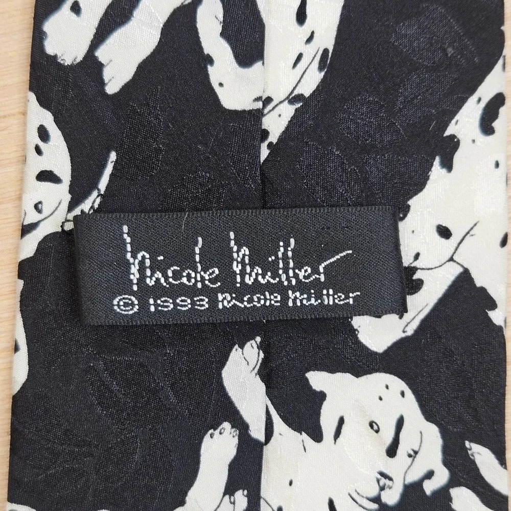 Dalmatian Dog Print Nicole Miller Tie Mens Black 100% Silk Vintage 1993